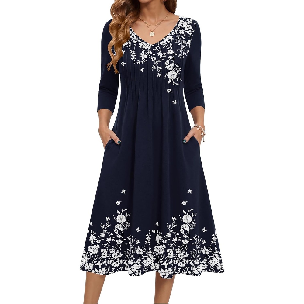 image:imageZeagoo 34 Sleeve Womens Dress Pleated Midi Casual Dresses with PocketsBlue Print