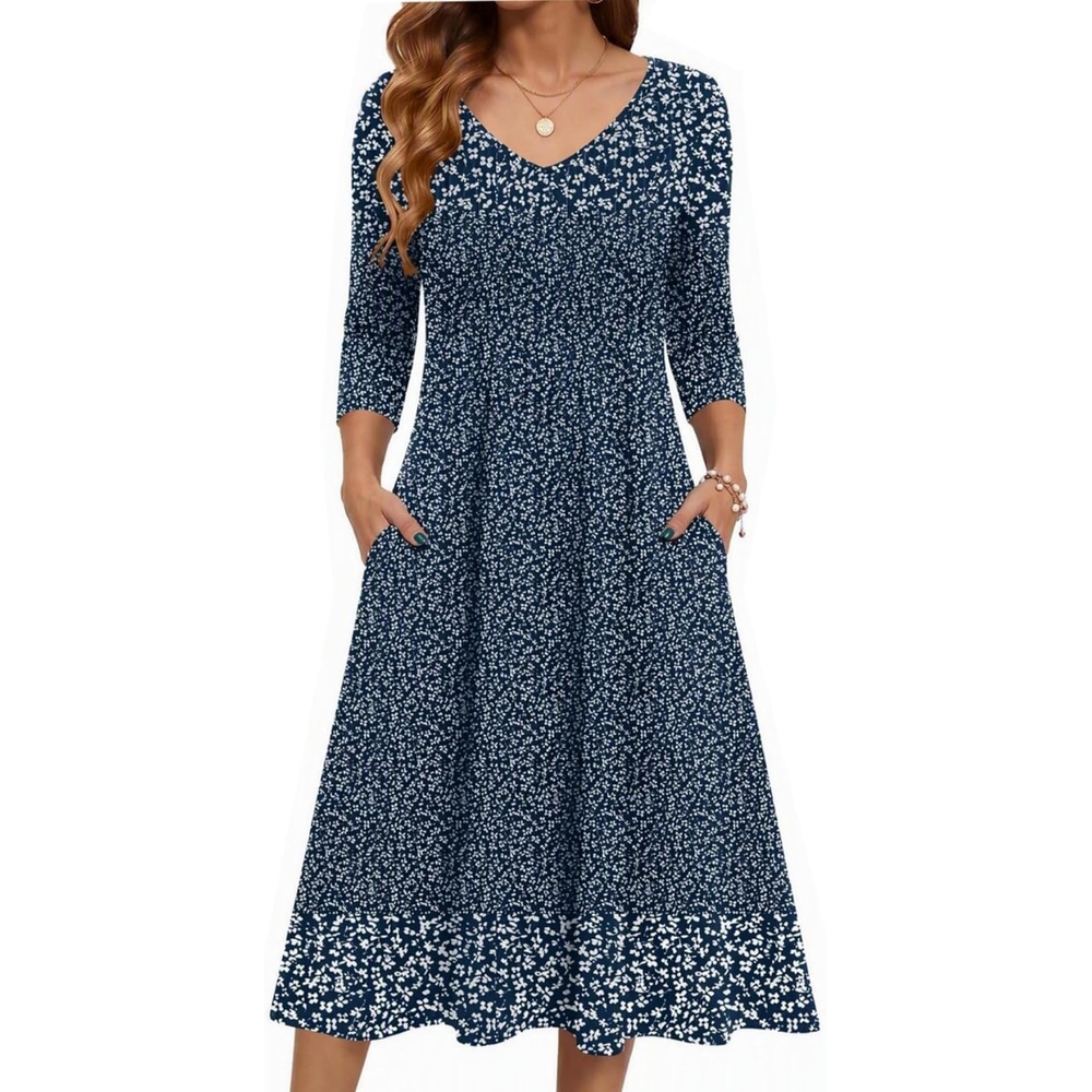 image:imageZeagoo 34 Sleeve Womens Dress Pleated Midi Casual Dresses with PocketsBlue Small Floral