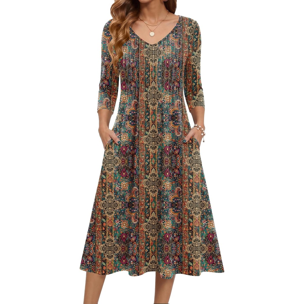 image:imageZeagoo 34 Sleeve Womens Dress Pleated Midi Casual Dresses with PocketsEthnic Prints