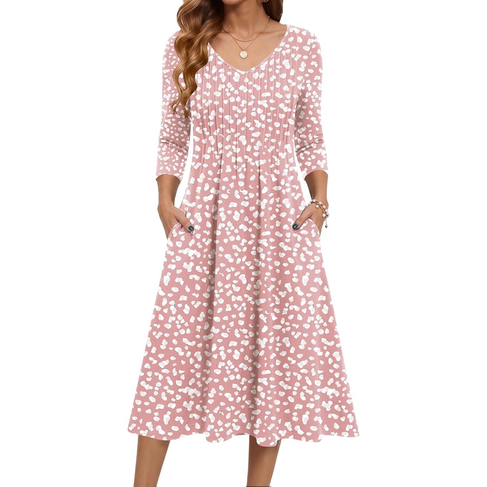 image:imageZeagoo 34 Sleeve Womens Dress Pleated Midi Casual Dresses with PocketsPink White