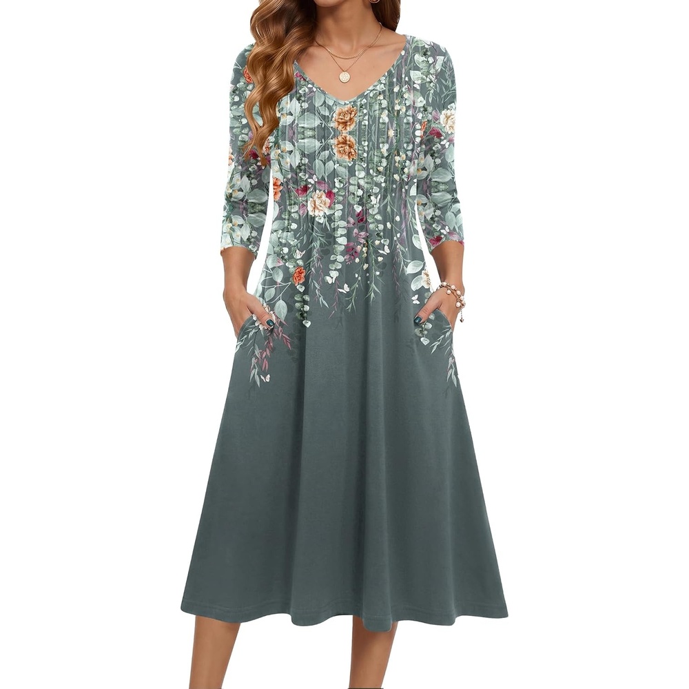 image:imageZeagoo 34 Sleeve Womens Dress Pleated Midi Casual Dresses with PocketsPlants Gray