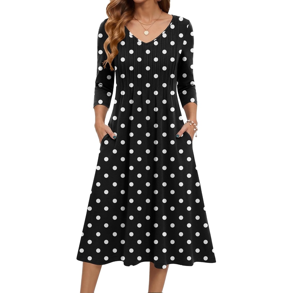 image:imageZeagoo 34 Sleeve Womens Dress Pleated Midi Casual Dresses with PocketsPolka Dots