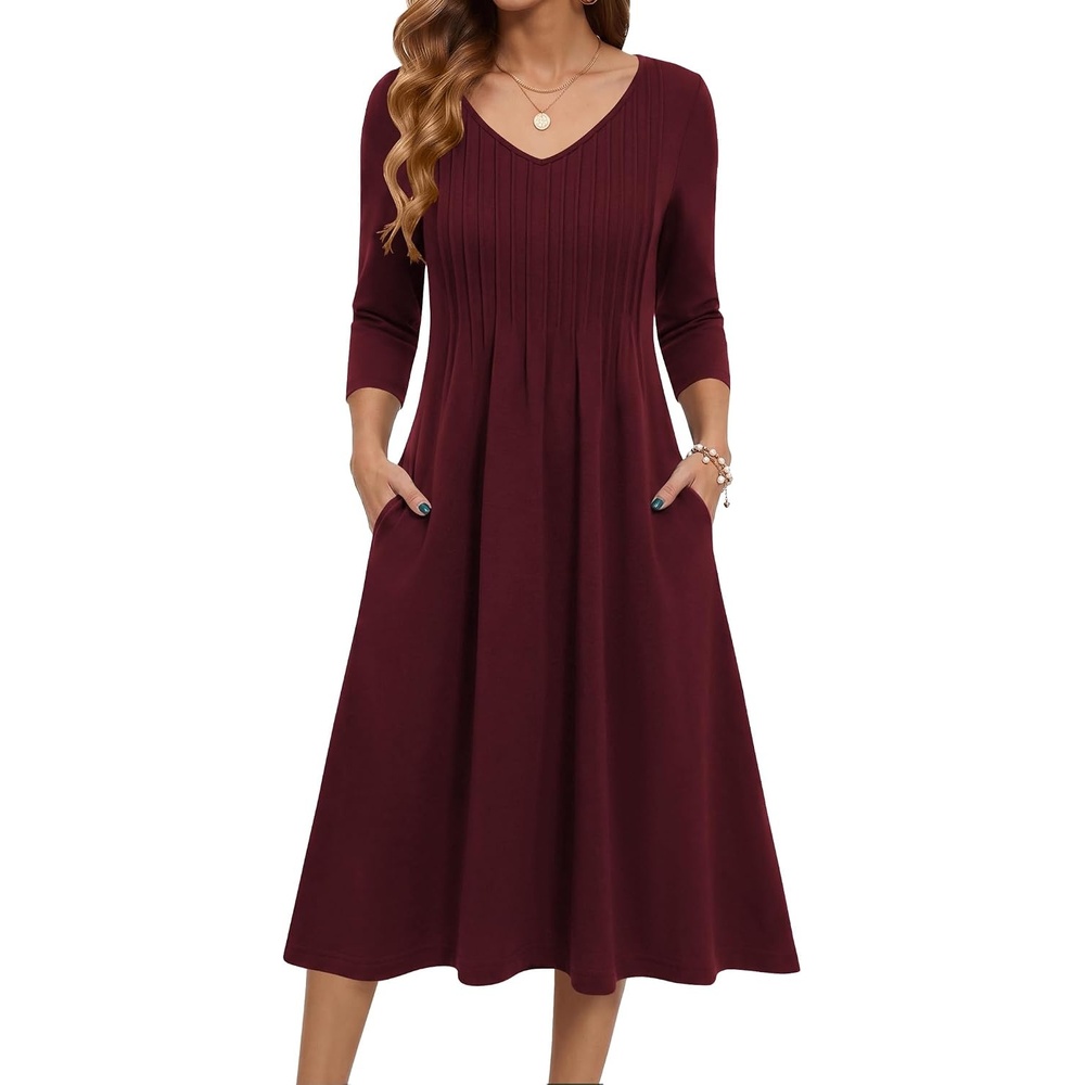 image:imageZeagoo 34 Sleeve Womens Dress Pleated Midi Casual Dresses with PocketsRed