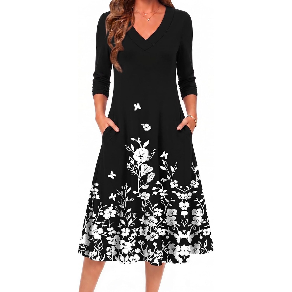 image:imageZeagoo Dresses for Womens Long Sleeve Midi Dress Fall Casual A Line DressBlack Floral