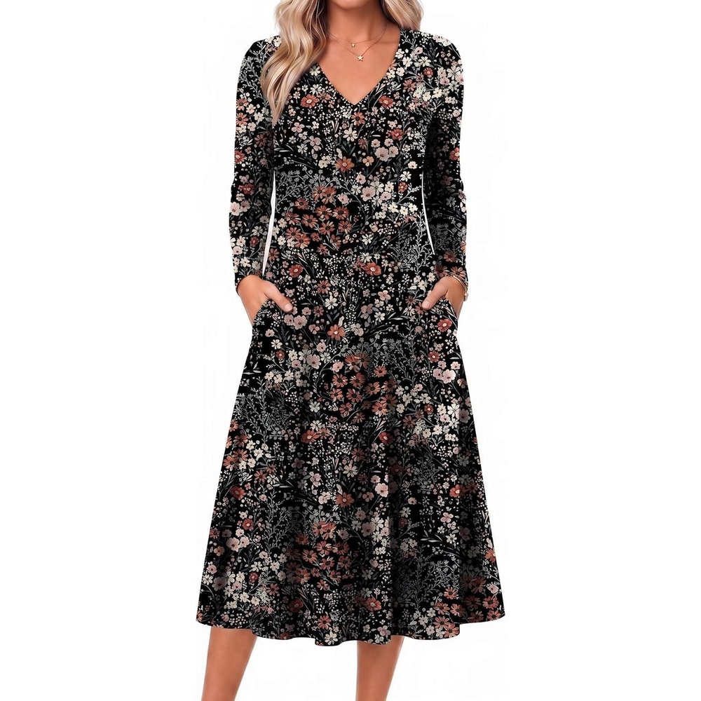 image:imageZeagoo Dresses for Womens Long Sleeve Midi Dress Fall Casual A Line DressFloral
