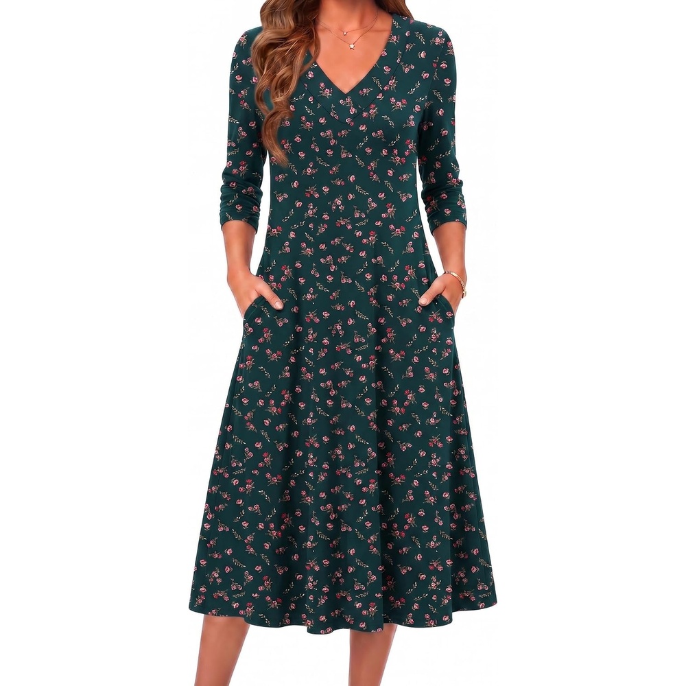 image:imageZeagoo Dresses for Womens Long Sleeve Midi Dress Fall Casual A Line DressGreen Floralprinted