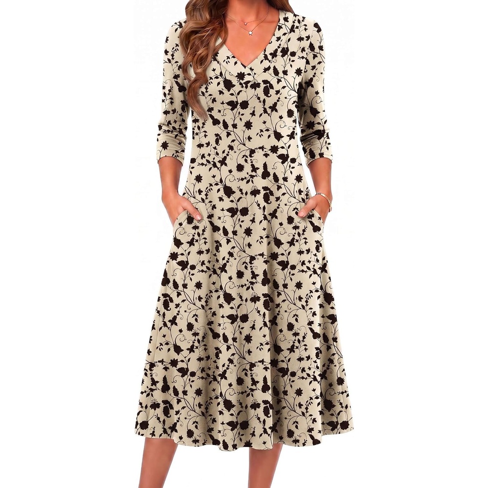 image:imageZeagoo Dresses for Womens Long Sleeve Midi Dress Fall Casual A Line DressKhaki Printed