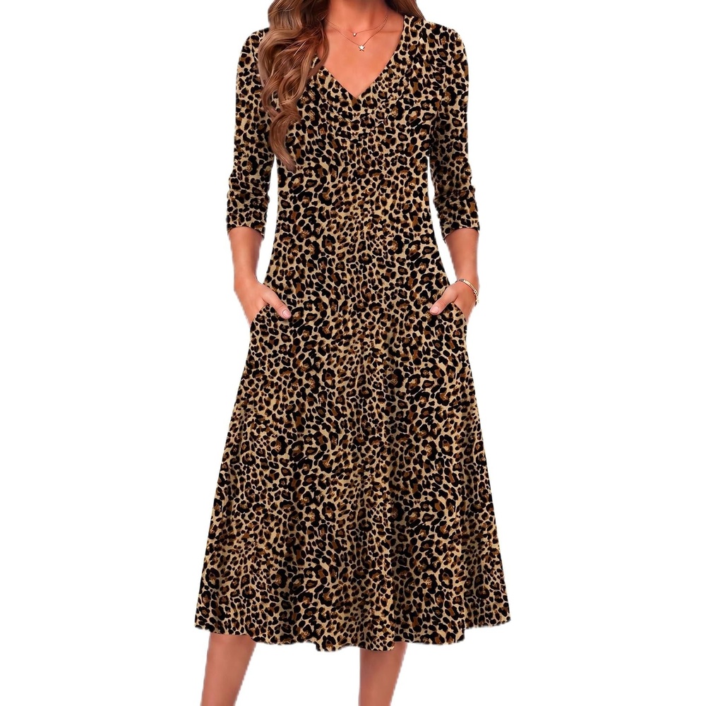 image:imageZeagoo Dresses for Womens Long Sleeve Midi Dress Fall Casual A Line DressLeopard Print