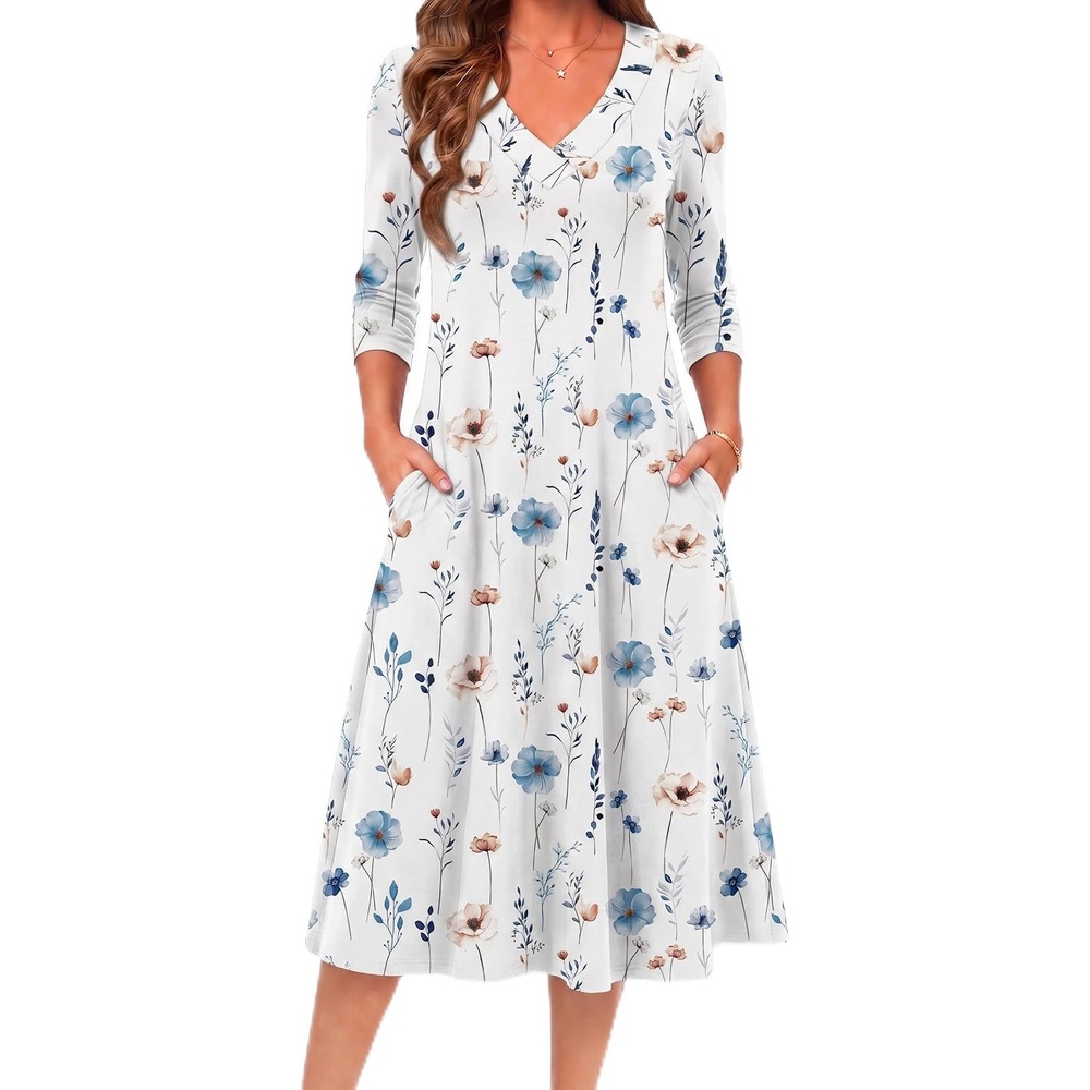 image:imageZeagoo Dresses for Womens Long Sleeve Midi Dress Fall Casual A Line DressWhite Floral