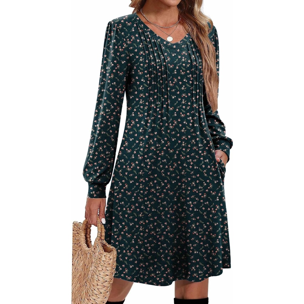 image:imageZeagoo Fall Dresses for Women Long Sleeve Casual Pleated V Neck Dress 2026 A Line Tunic DressB26 Green Floral