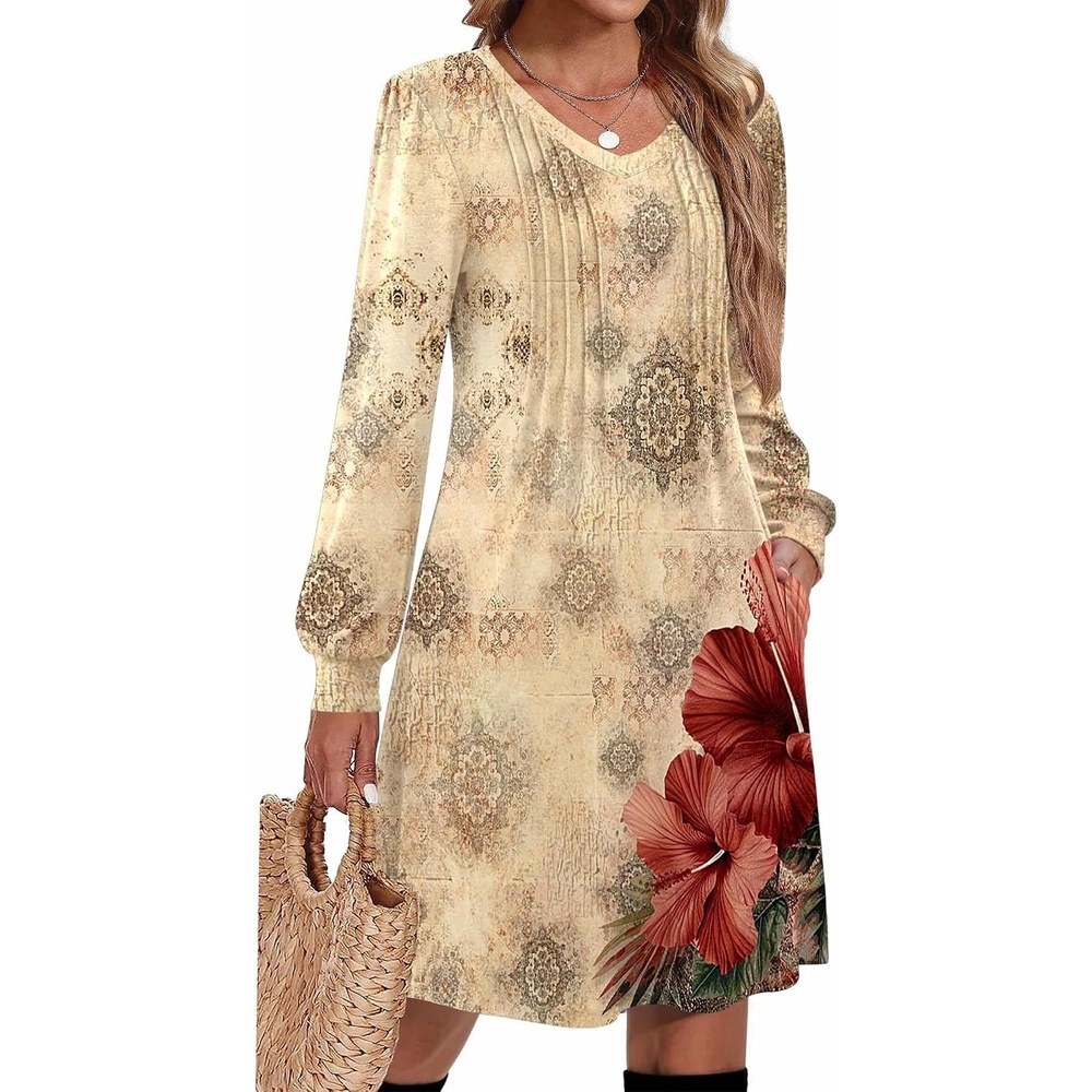 image:imageZeagoo Fall Dresses for Women Long Sleeve Casual Pleated V Neck Dress 2026 A Line Tunic DressBeige Floral