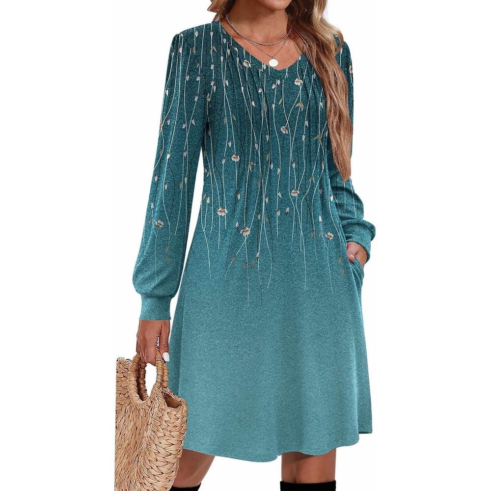 image:imageZeagoo Fall Dresses for Women Long Sleeve Casual Pleated V Neck Dress 2026 A Line Tunic DressBlue Green 01