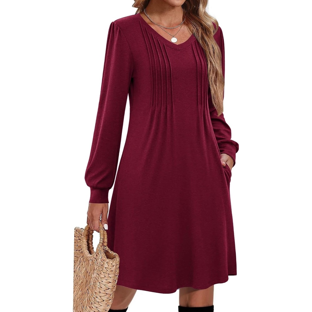 image:imageZeagoo Fall Dresses for Women Long Sleeve Casual Pleated V Neck Dress 2026 A Line Tunic DressBurgundy