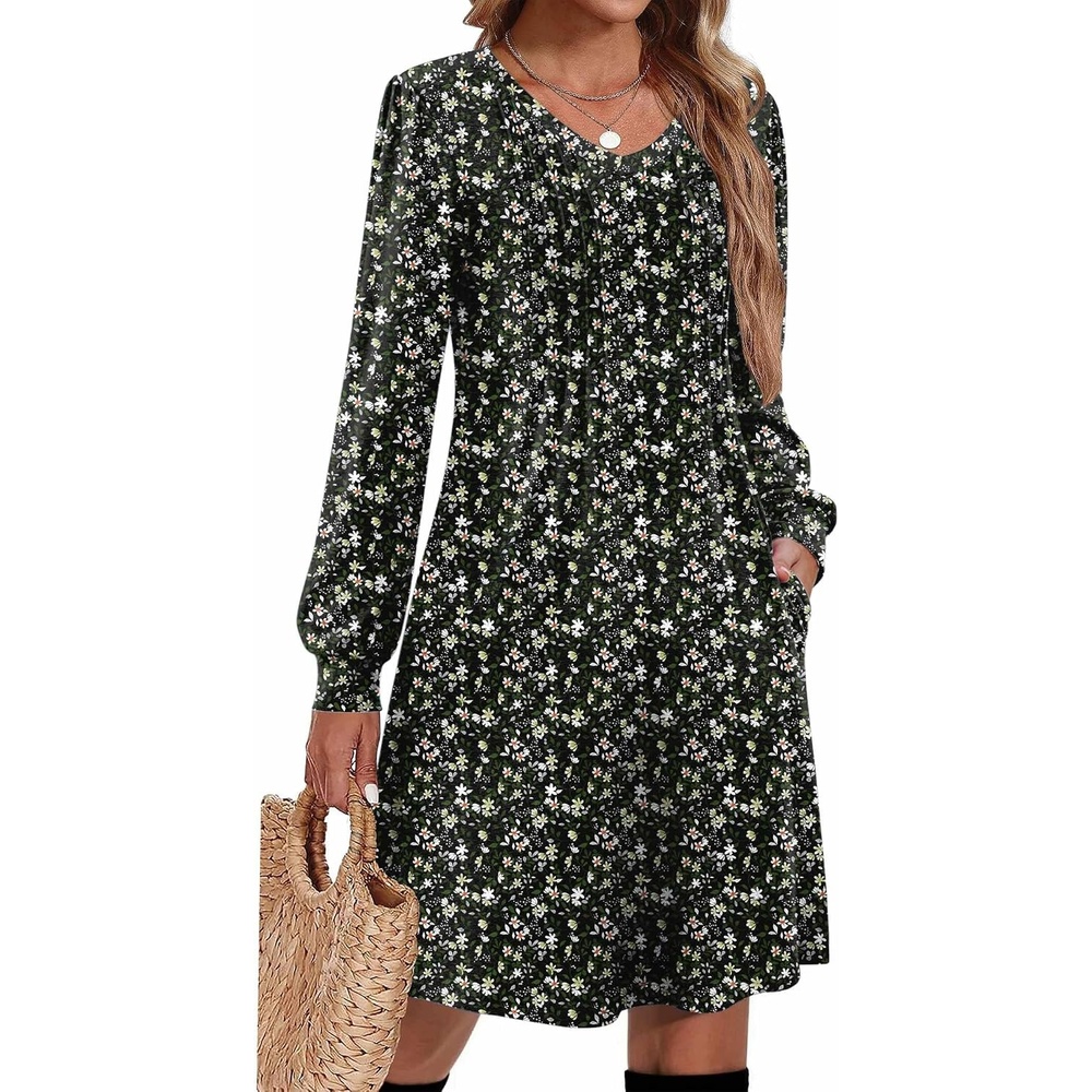 image:imageZeagoo Fall Dresses for Women Long Sleeve Casual Pleated V Neck Dress 2026 A Line Tunic DressC26 Black Flower