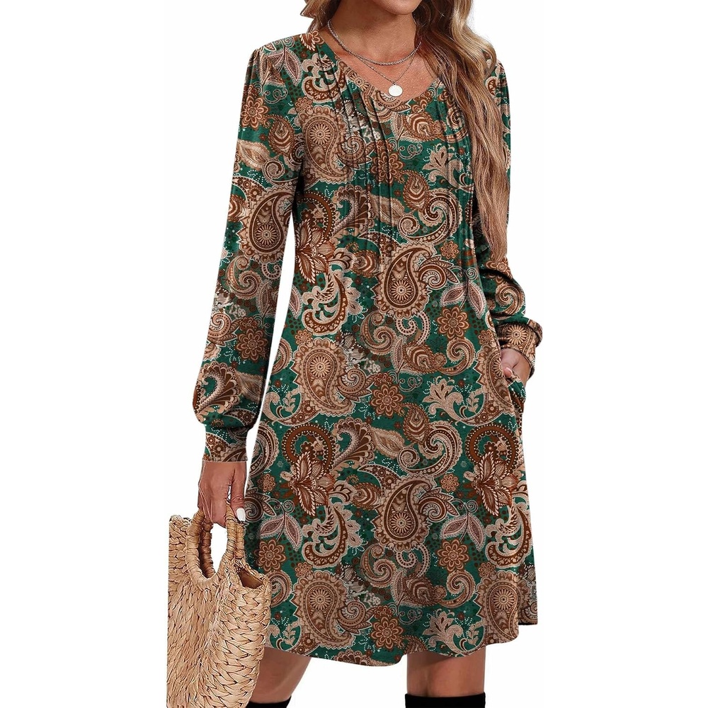 image:imageZeagoo Fall Dresses for Women Long Sleeve Casual Pleated V Neck Dress 2026 A Line Tunic DressC26 Boho Printed