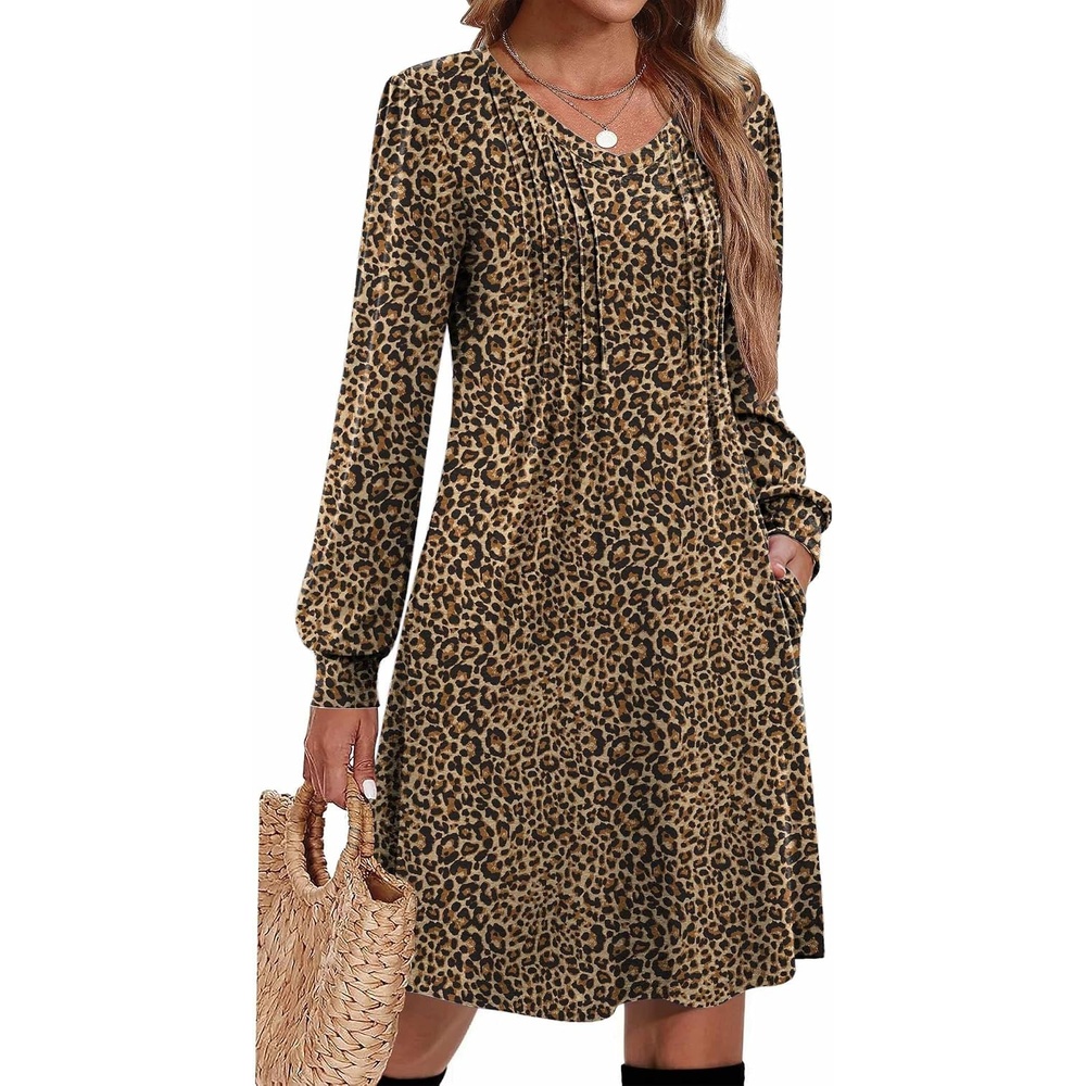 image:imageZeagoo Fall Dresses for Women Long Sleeve Casual Pleated V Neck Dress 2026 A Line Tunic DressC26 Leopard Print