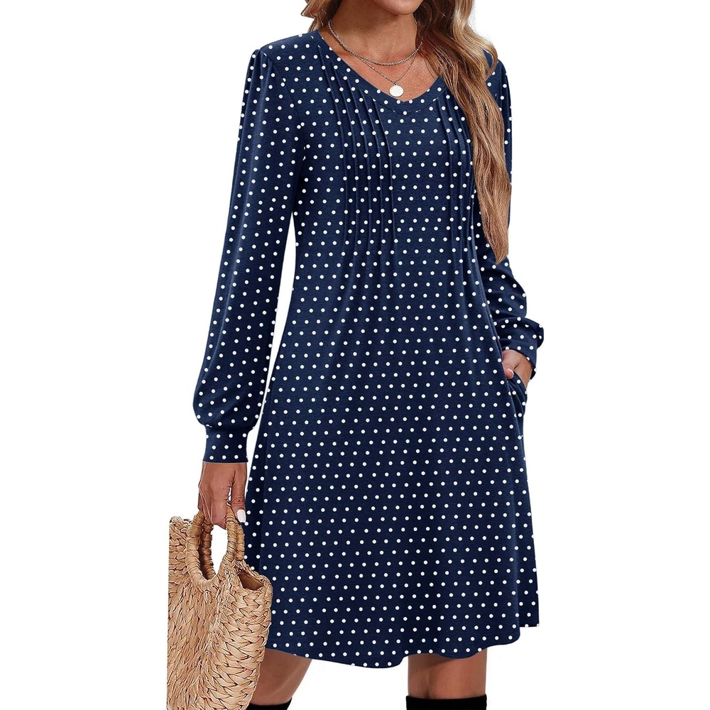 image:imageZeagoo Fall Dresses for Women Long Sleeve Casual Pleated V Neck Dress 2026 A Line Tunic DressC26 Navy Dot