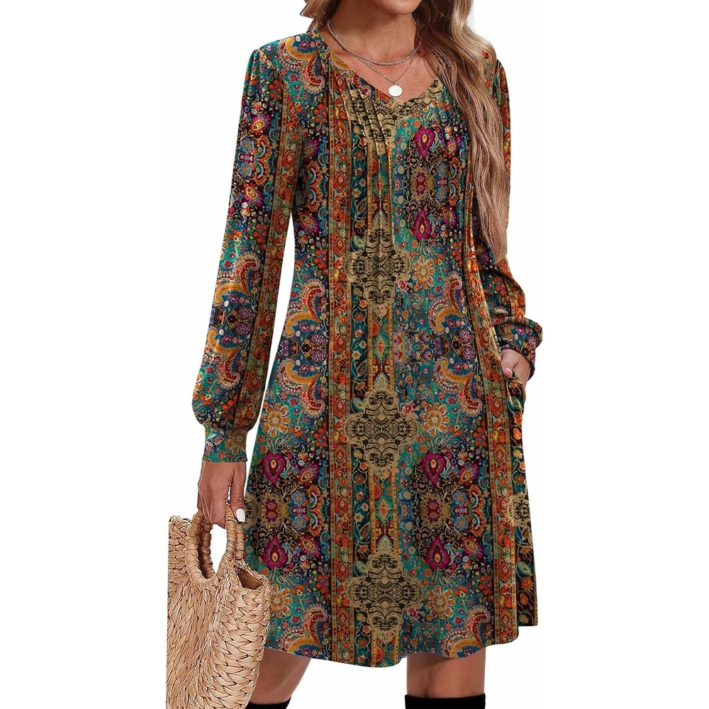 image:imageZeagoo Fall Dresses for Women Long Sleeve Casual Pleated V Neck Dress 2026 A Line Tunic DressChic Printed
