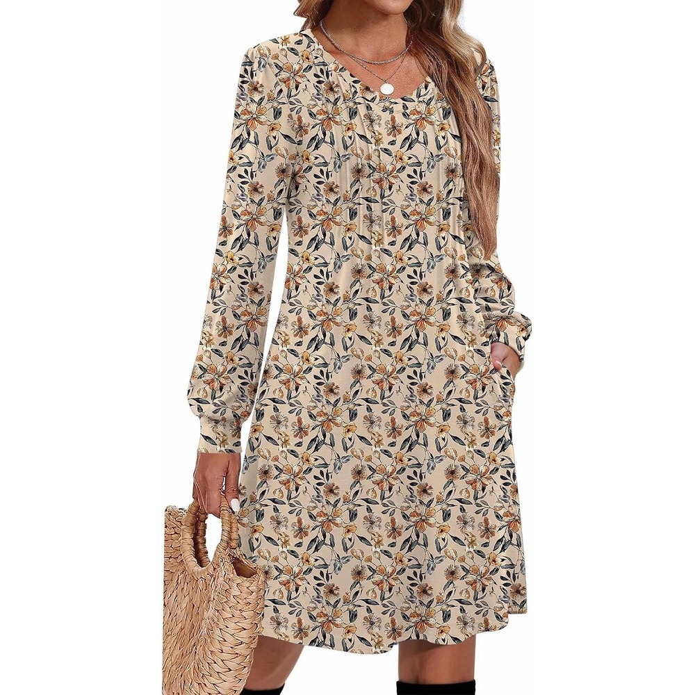 image:imageZeagoo Fall Dresses for Women Long Sleeve Casual Pleated V Neck Dress 2026 A Line Tunic DressLight Khaki Floral