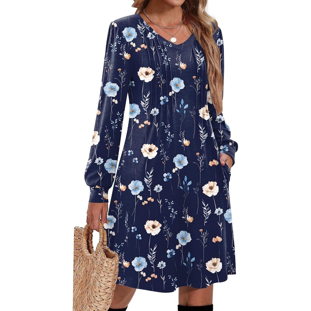 image:imageZeagoo Fall Dresses for Women Long Sleeve Casual Pleated V Neck Dress 2026 A Line Tunic DressNavy Floral