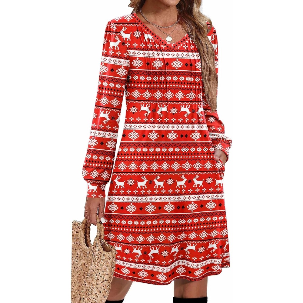 image:imageZeagoo Fall Dresses for Women Long Sleeve Casual Pleated V Neck Dress 2026 A Line Tunic DressXmas Reindeer