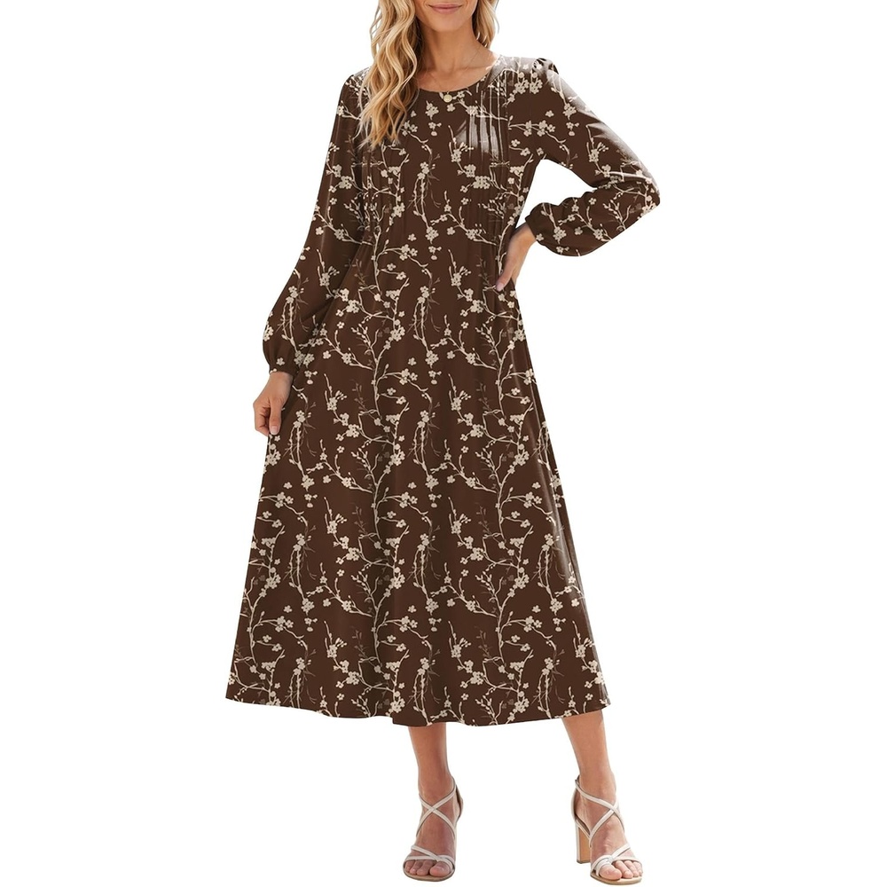 image:imageZeagoo Fall Dresses for Women Long Sleeve Midi Dress Casual A Line Dresses 2026 Pleated Flare Dress with PocketsBrown Floral