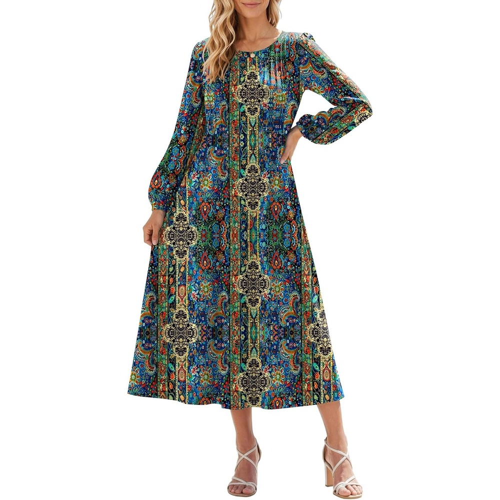 image:imageZeagoo Fall Dresses for Women Long Sleeve Midi Dress Casual A Line Dresses 2026 Pleated Flare Dress with PocketsChic Blue Printed