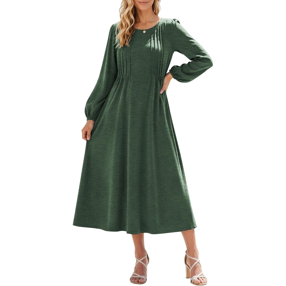 image:imageZeagoo Fall Dresses for Women Long Sleeve Midi Dress Casual A Line Dresses 2026 Pleated Flare Dress with PocketsDusty Green