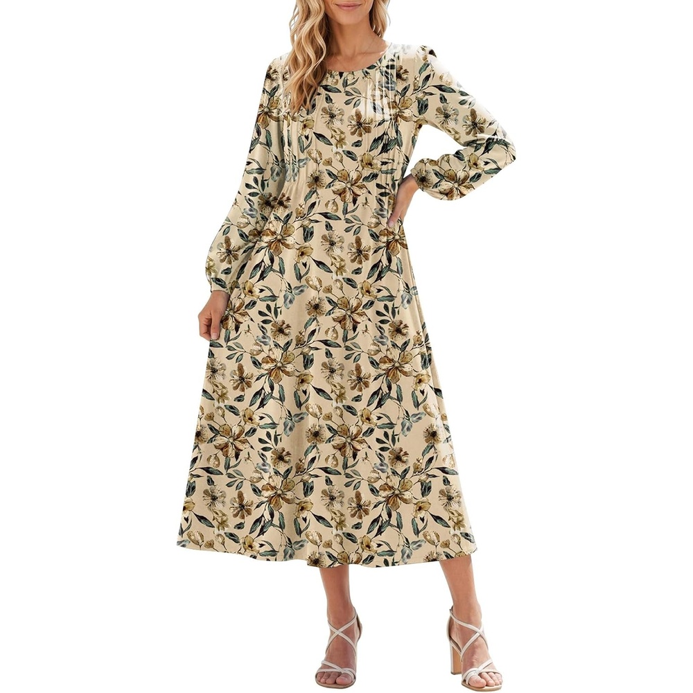 image:imageZeagoo Fall Dresses for Women Long Sleeve Midi Dress Casual A Line Dresses 2026 Pleated Flare Dress with PocketsKhaki Floral