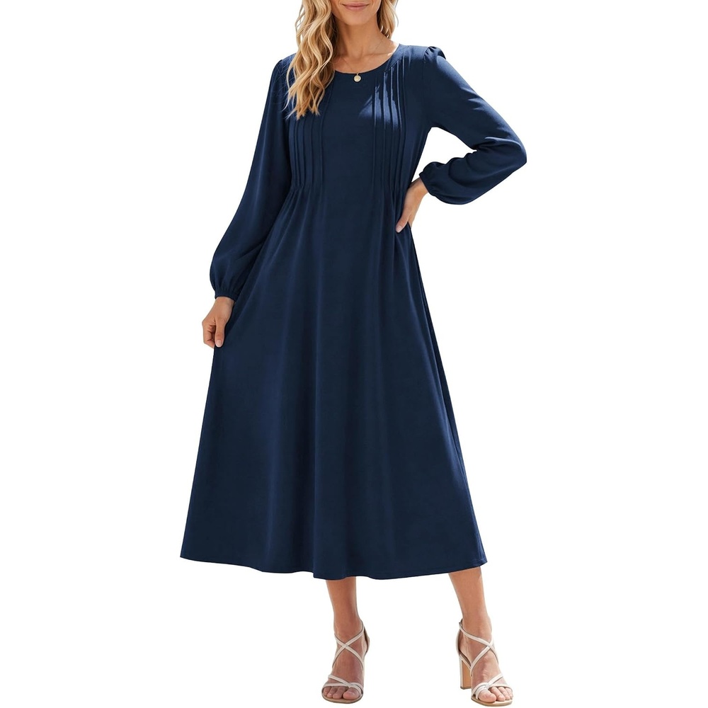 image:imageZeagoo Fall Dresses for Women Long Sleeve Midi Dress Casual A Line Dresses 2026 Pleated Flare Dress with PocketsNavy Blue