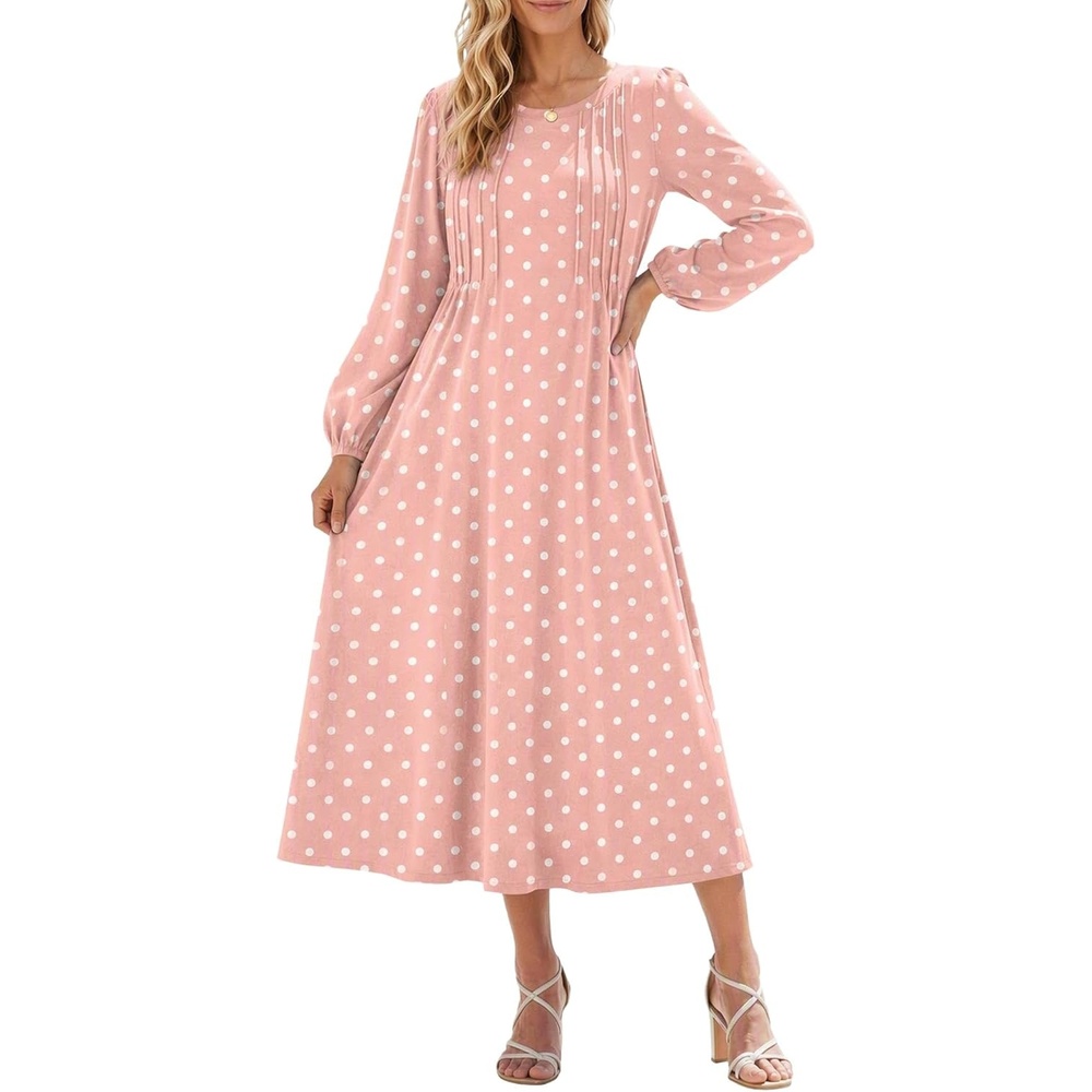 image:imageZeagoo Fall Dresses for Women Long Sleeve Midi Dress Casual A Line Dresses 2026 Pleated Flare Dress with PocketsPink Polka Dot