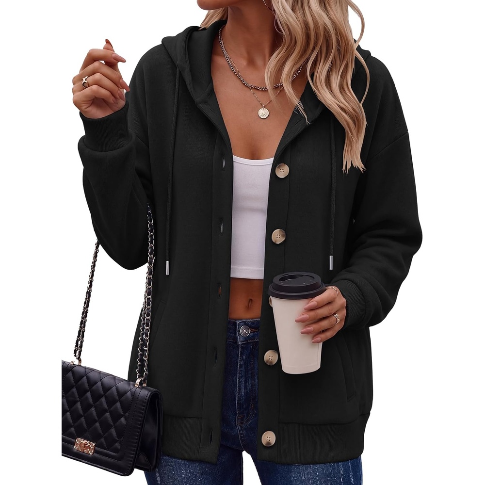 image:imageZeagoo Hoodie for Women Hooded Sweatshirt Button Hoodies With Pockets Comfy Fleece Jackets 2026 Fashion S3XLBlack