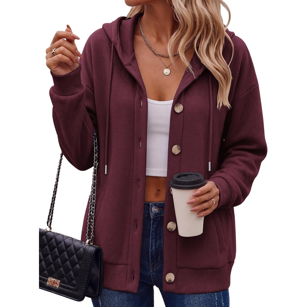image:imageZeagoo Hoodie for Women Hooded Sweatshirt Button Hoodies With Pockets Comfy Fleece Jackets 2026 Fashion S3XLDark Red