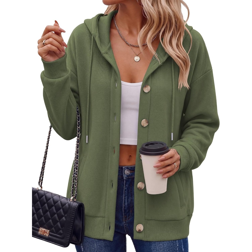 image:imageZeagoo Hoodie for Women Hooded Sweatshirt Button Hoodies With Pockets Comfy Fleece Jackets 2026 Fashion S3XLGreen
