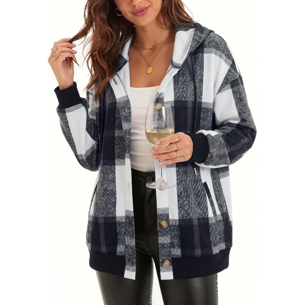 image:imageZeagoo Hoodie for Women Hooded Sweatshirt Button Hoodies With Pockets Comfy Fleece Jackets 2026 Fashion S3XLGrey Black Plaid