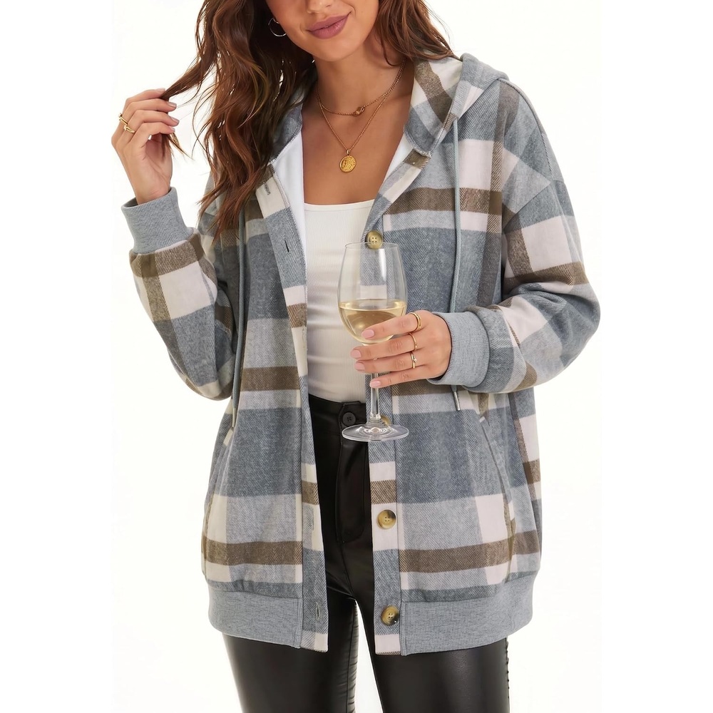 image:imageZeagoo Hoodie for Women Hooded Sweatshirt Button Hoodies With Pockets Comfy Fleece Jackets 2026 Fashion S3XLGreybrown Plaid