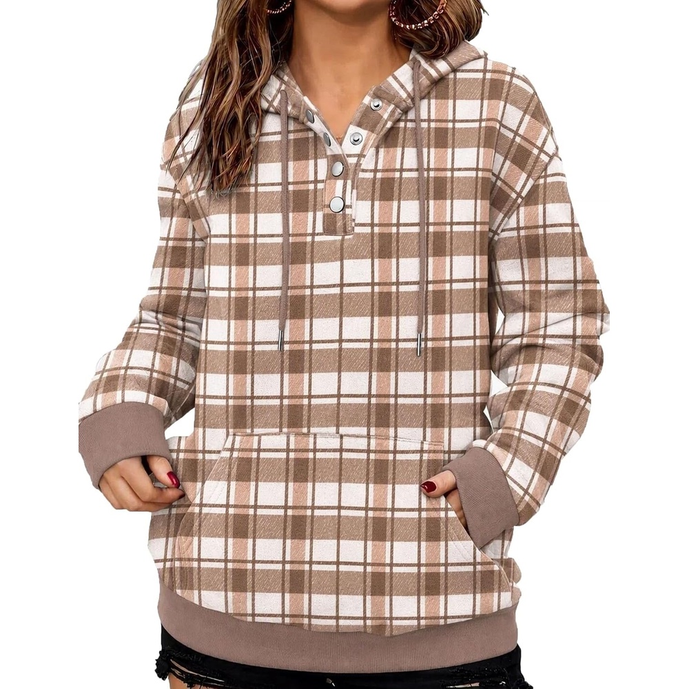 image:imageZeagoo Hoodies for Women Casual Button Sweatshirt Oversized Fall ClothesBrown Plaid