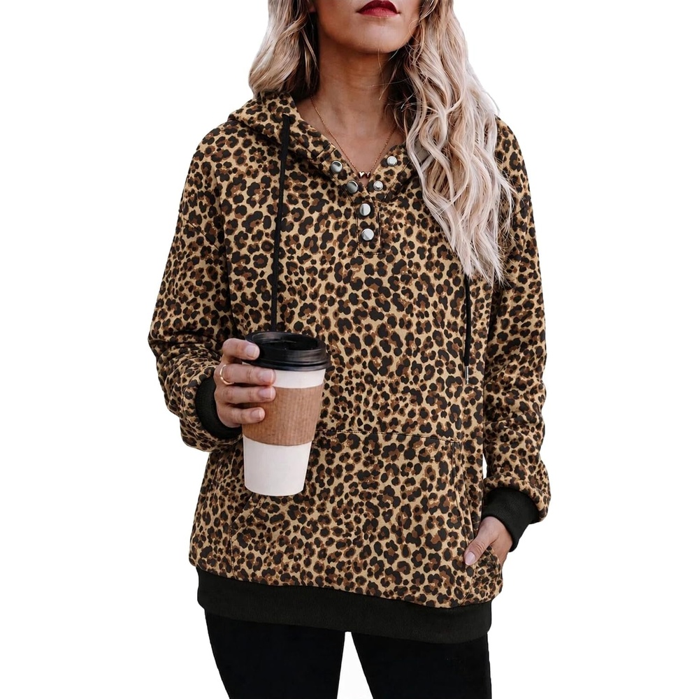 image:imageZeagoo Hoodies for Women Casual Button Sweatshirt Oversized Fall ClothesLeopard Print