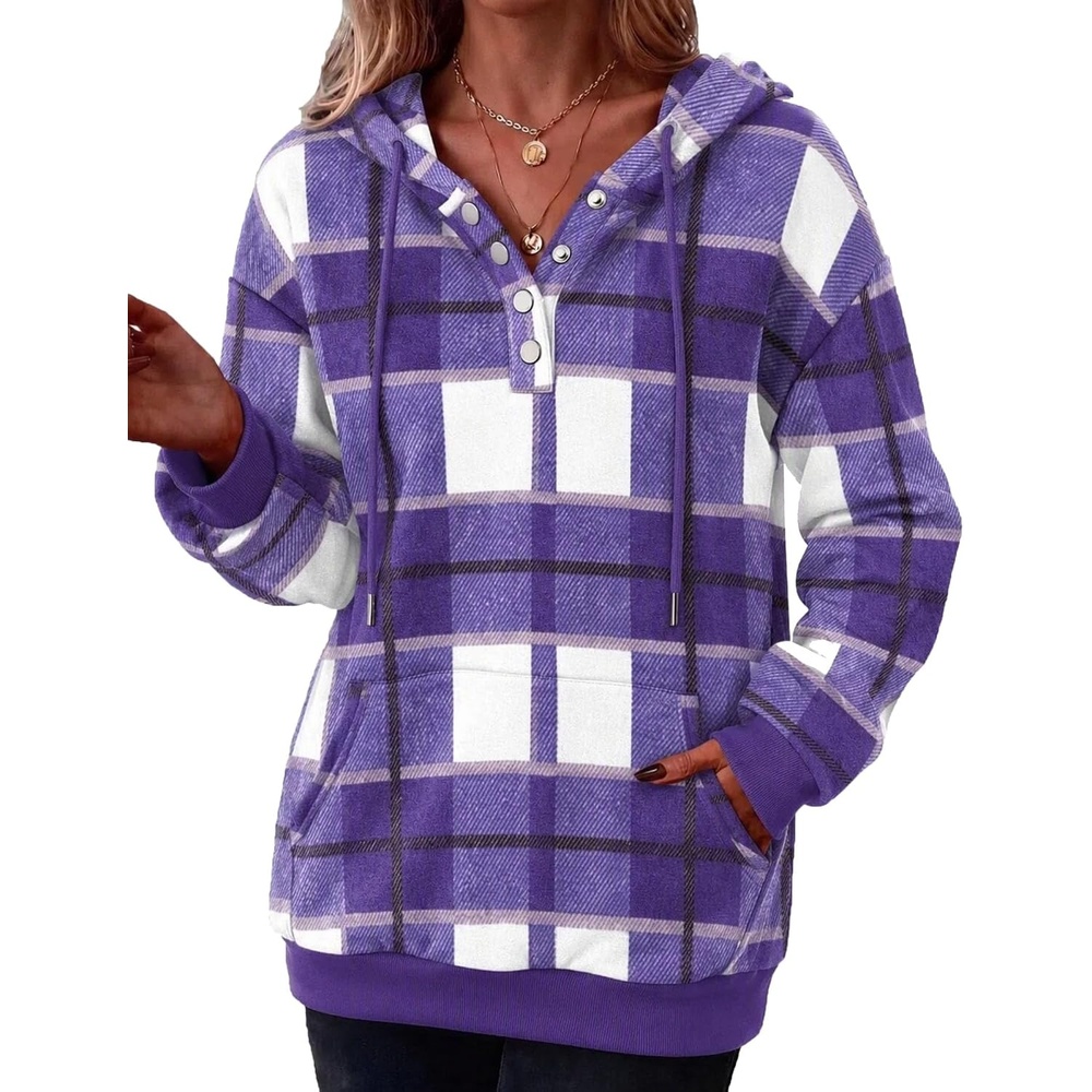 image:imageZeagoo Hoodies for Women Casual Button Sweatshirt Oversized Fall ClothesPurple Plaid