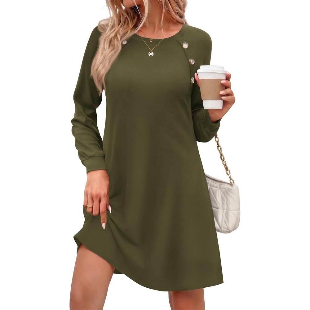 image:imageZeagoo Long Sleeve Tunic Dress Button Crew Neck Casual Fall ALine DressArmy Green