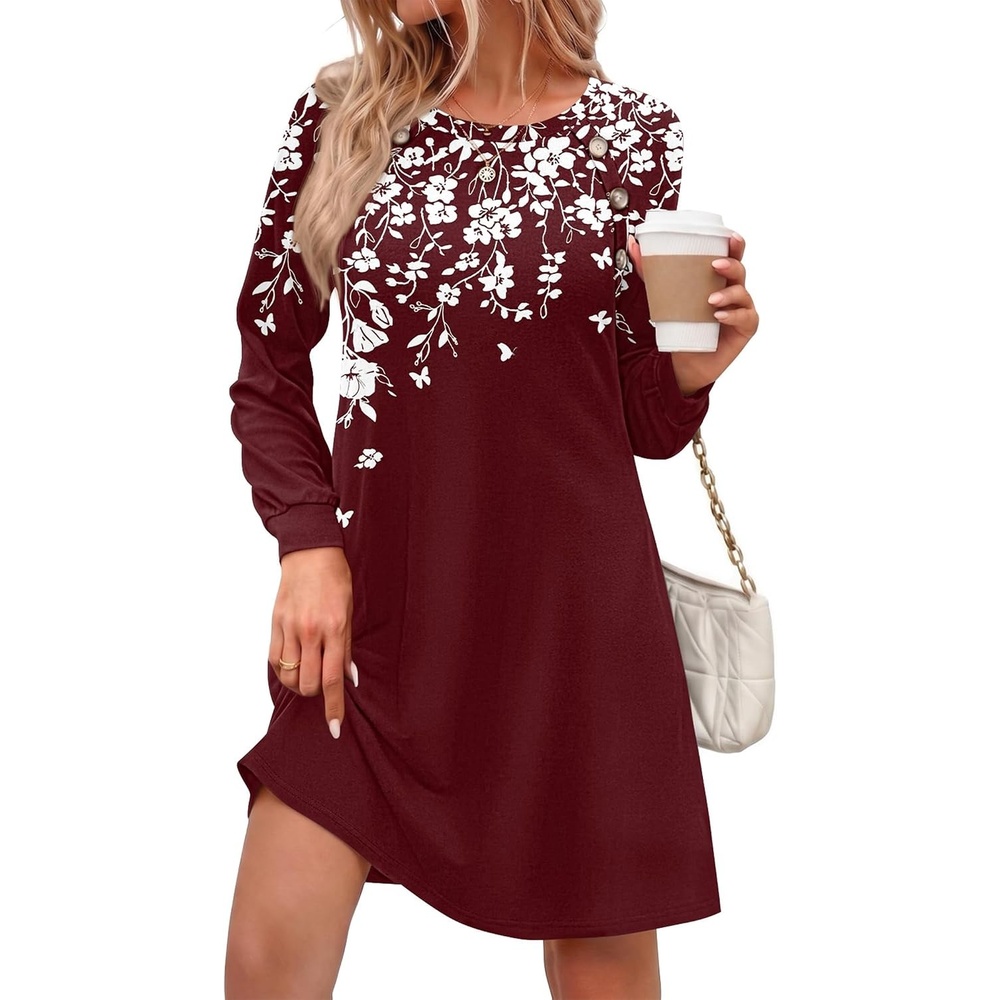 image:imageZeagoo Long Sleeve Tunic Dress Button Crew Neck Casual Fall ALine DressRed Floral