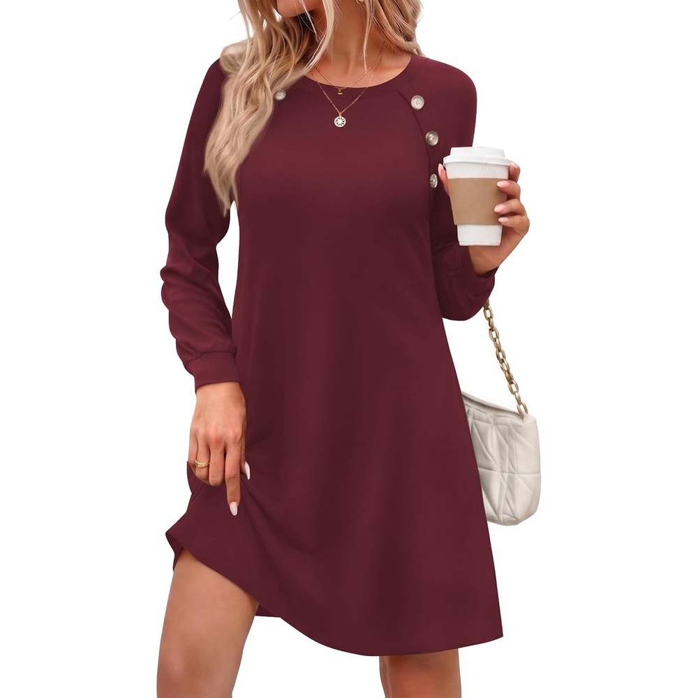 image:imageZeagoo Long Sleeve Tunic Dress Button Crew Neck Casual Fall ALine DressWine Red