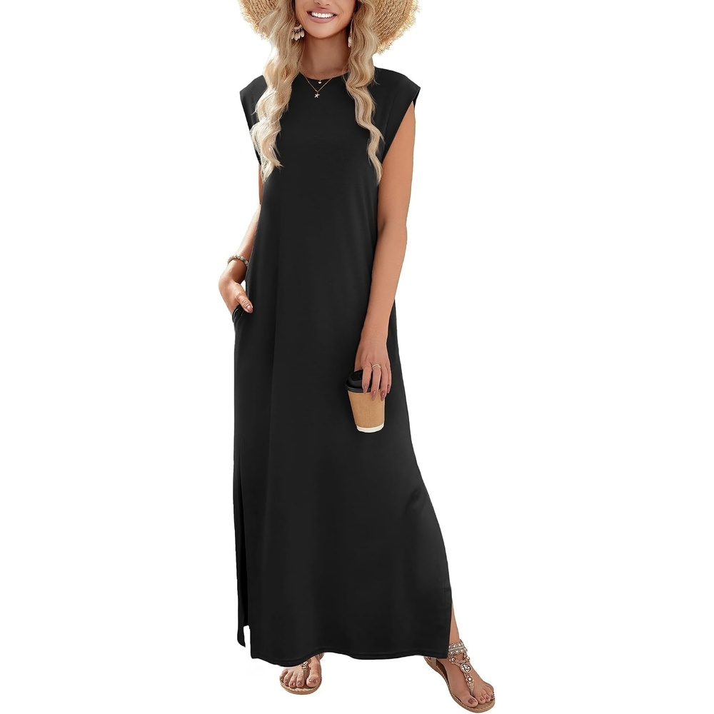 image:imageZeagoo Summer Dresses for Women 2026 Long Maxi Sundresses Loose Split WrinkleFree Beach Travel Vacation ClothesA01black