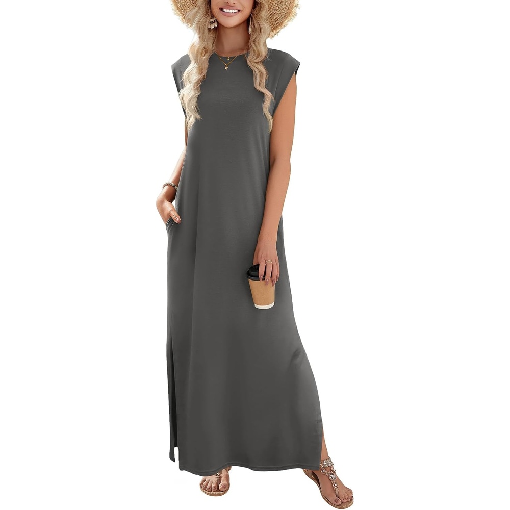 image:imageZeagoo Summer Dresses for Women 2026 Long Maxi Sundresses Loose Split WrinkleFree Beach Travel Vacation ClothesDark Gray