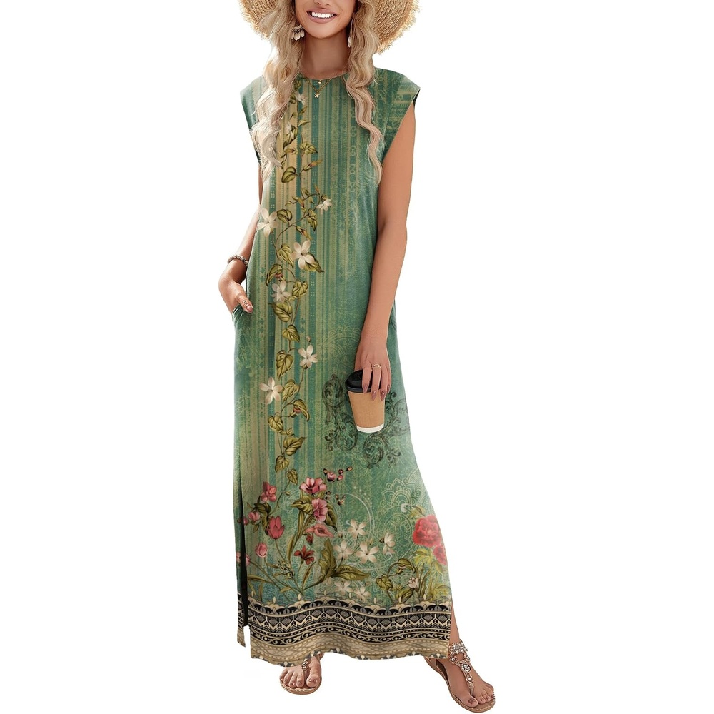 image:imageZeagoo Summer Dresses for Women 2026 Long Maxi Sundresses Loose Split WrinkleFree Beach Travel Vacation ClothesGreen Ethnic Pattern