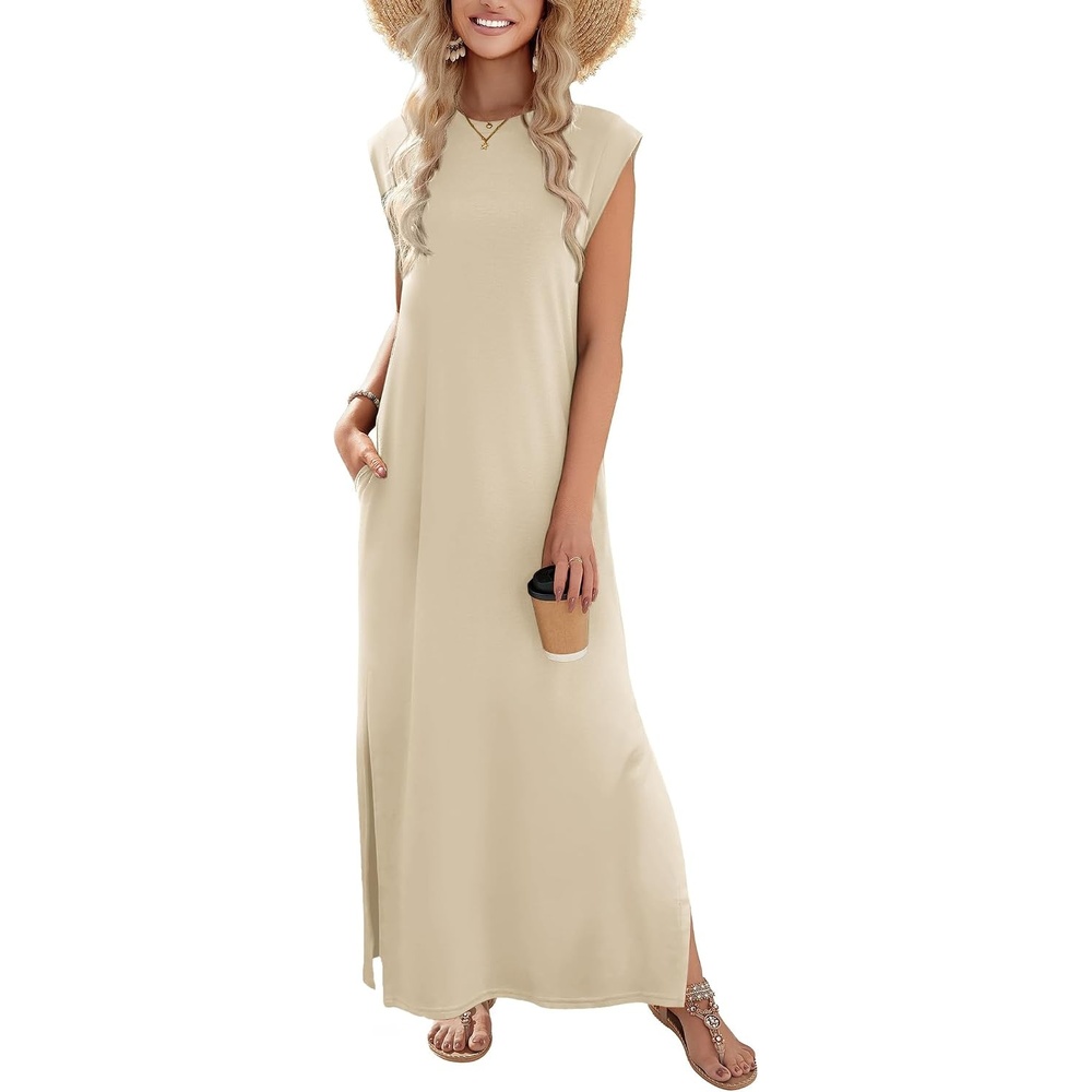 image:imageZeagoo Summer Dresses for Women 2026 Long Maxi Sundresses Loose Split WrinkleFree Beach Travel Vacation ClothesLight Brown