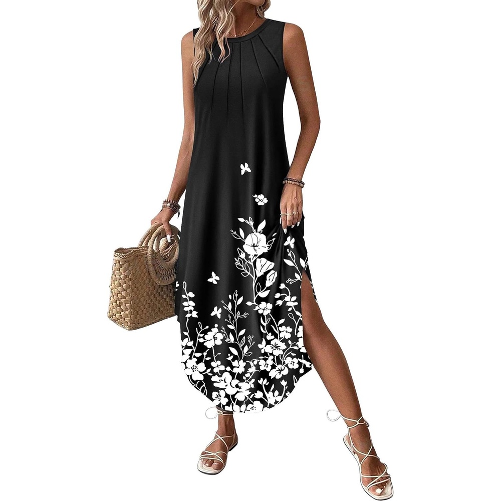image:imageZeagoo Women Floral Summer Casual Beach Printed Tank Dress with Pockets Pleated Front Long Dress2602 Black Floral