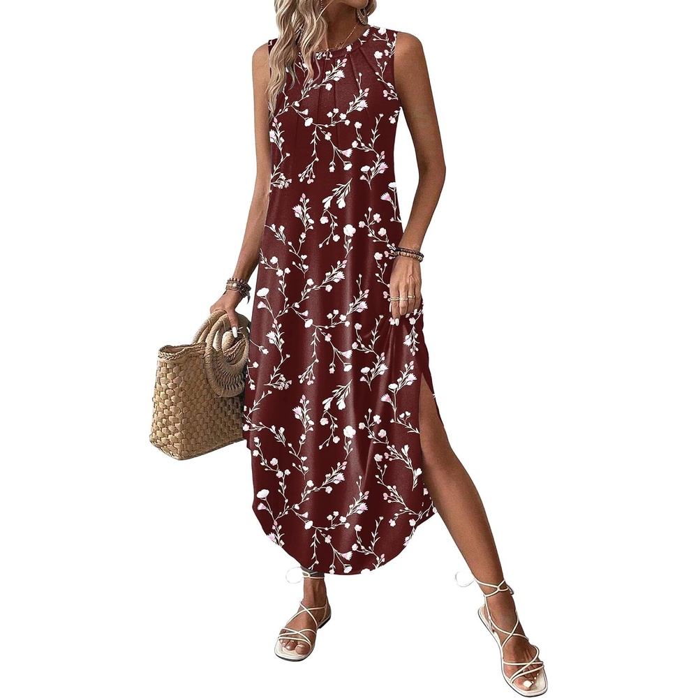 image:imageZeagoo Women Floral Summer Casual Beach Printed Tank Dress with Pockets Pleated Front Long Dress2603 Brown Floral
