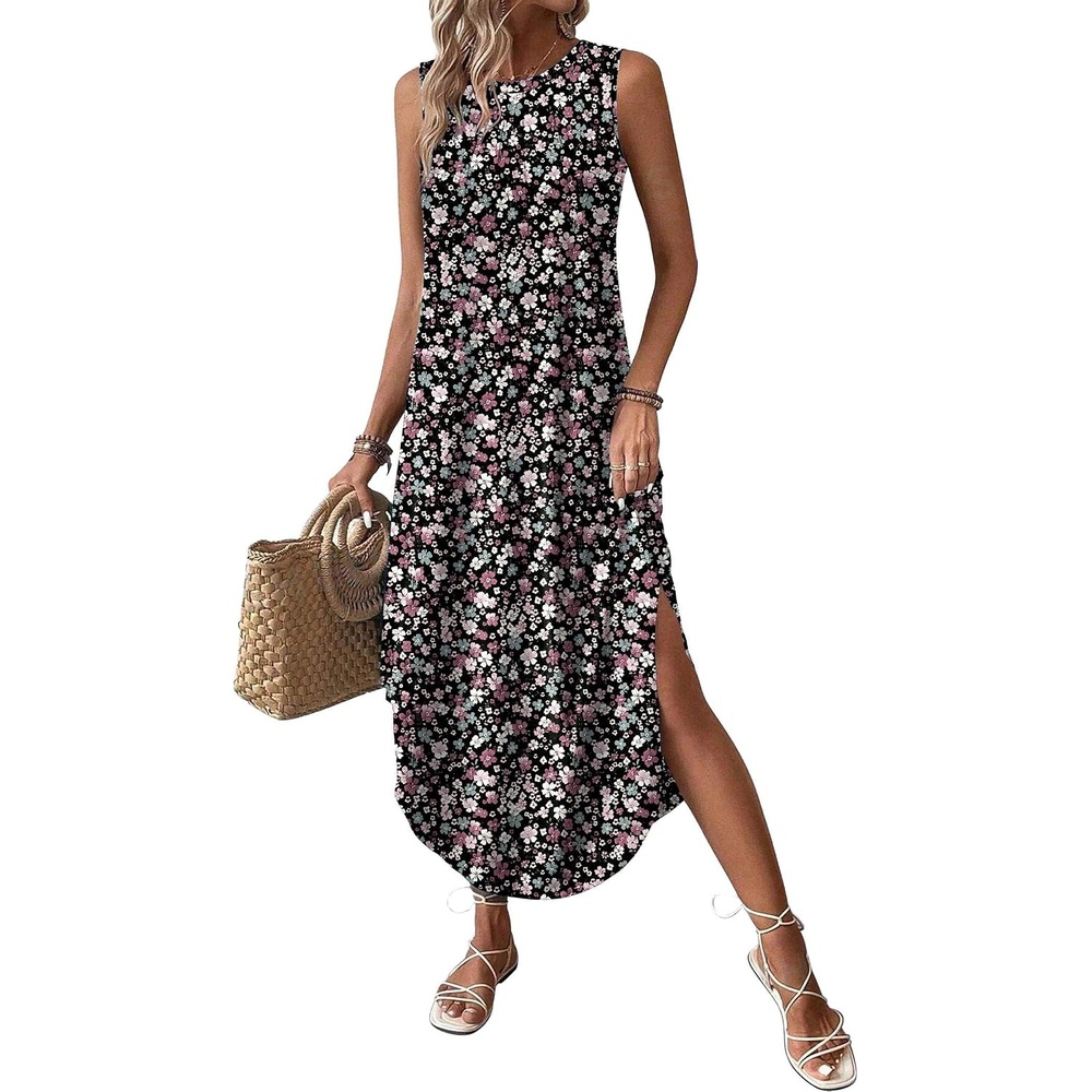 image:imageZeagoo Women Floral Summer Casual Beach Printed Tank Dress with Pockets Pleated Front Long Dress2603 Mixed Floral