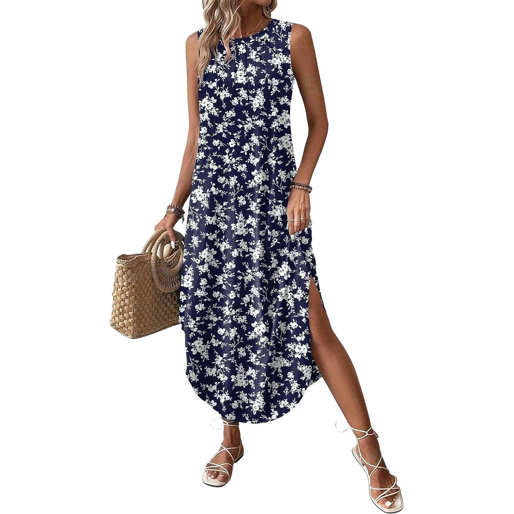 image:imageZeagoo Women Floral Summer Casual Beach Printed Tank Dress with Pockets Pleated Front Long Dress2604 Navy Flower